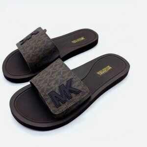 NEW MICHAEL KORS BROWN LOGO PRINT SLIP ON SANDALS SLIDES SHOES PINTEREST 8M